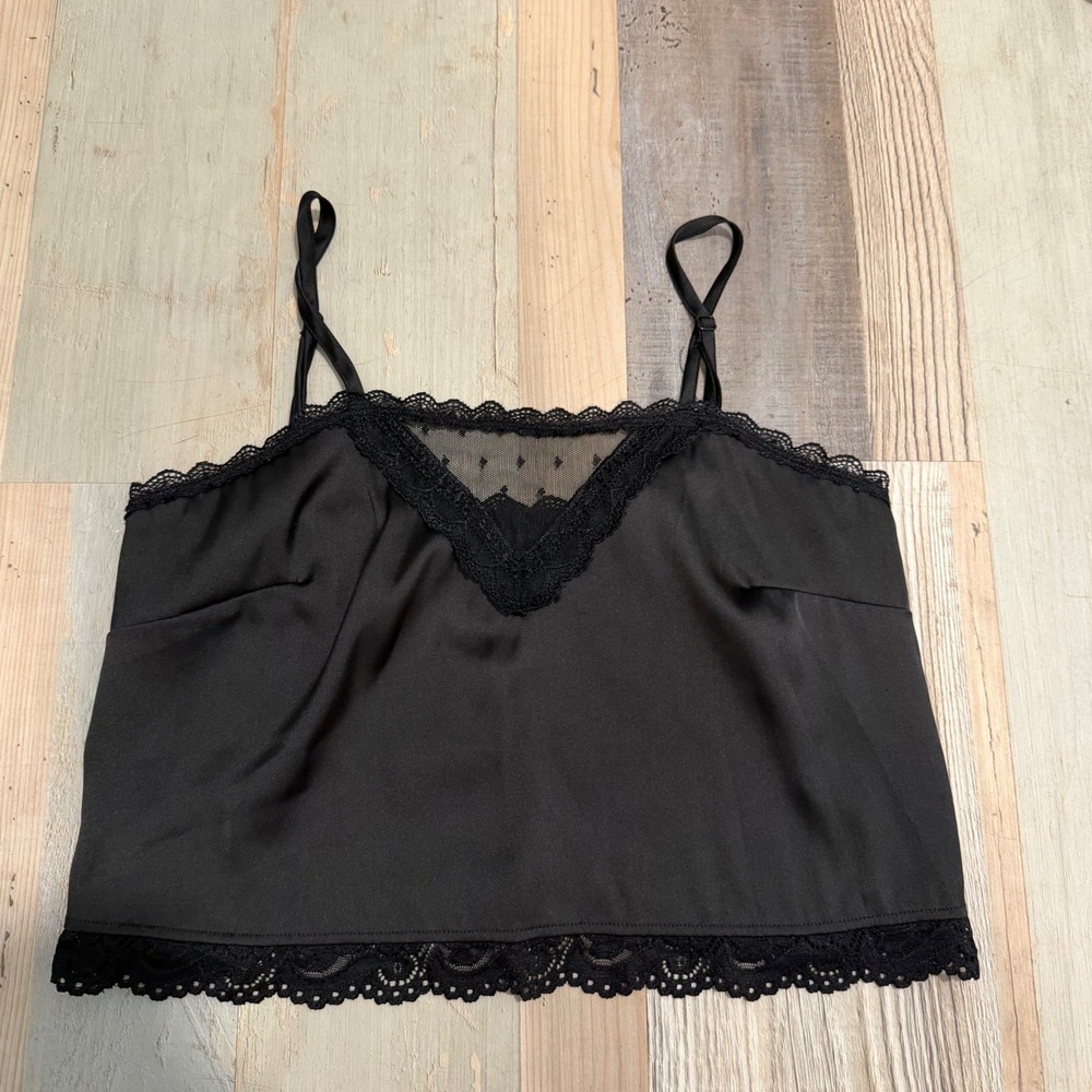 Brandy Melville Black Satin Lace Trim Cami Crop Top One Size Mesh Detail